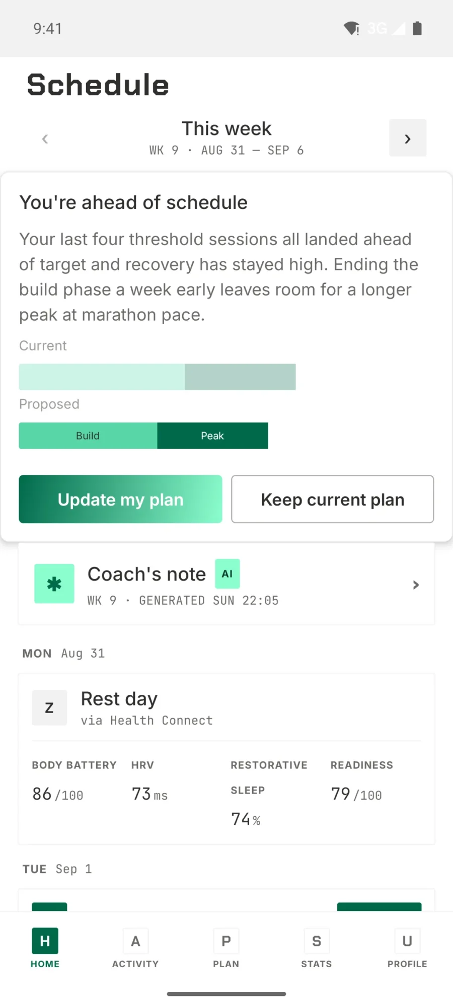 TrainPlan schedule screen showing a training week and a proposed plan change with the reasoning behind it